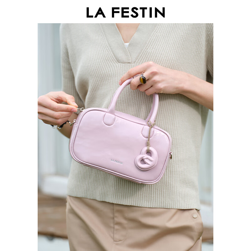 拉菲斯汀（La Festin）头层牛皮小胖墩2026新款红色斜挎女包手提波士顿包七夕情人节礼物 落樱粉 | 头层牛皮