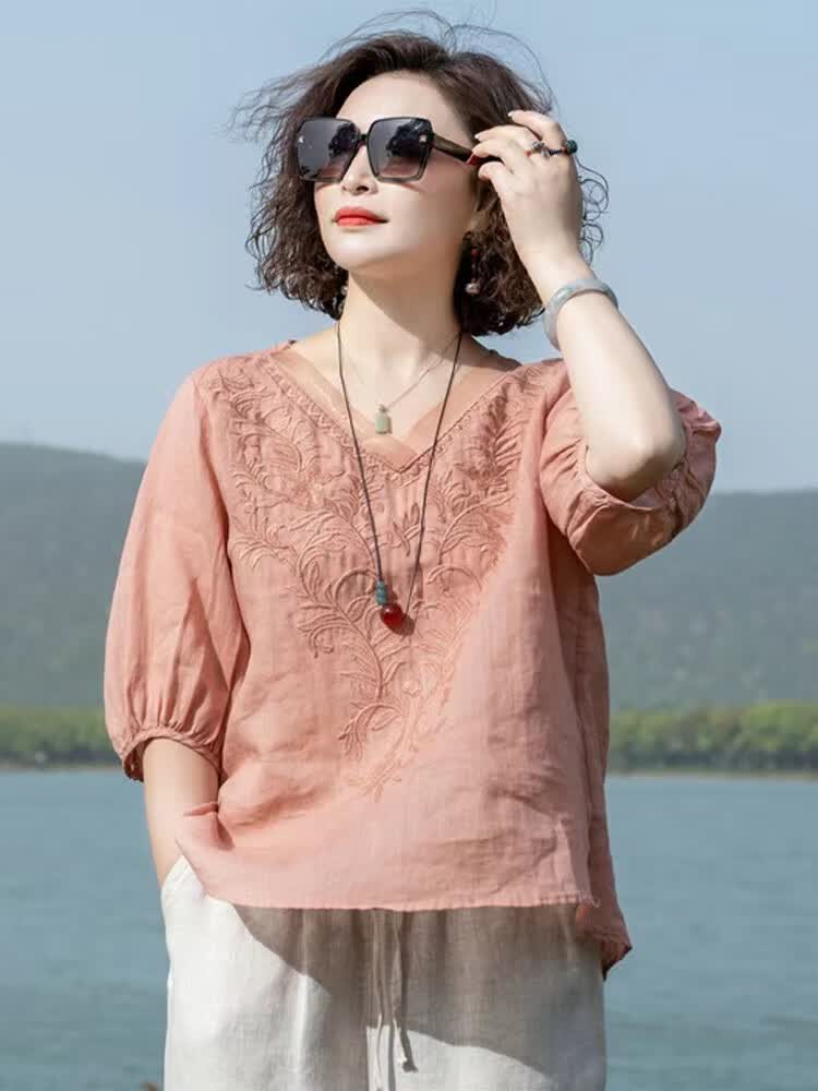俞兆林(YUZHAOLIN)母亲节妈妈夏装苎麻刺绣衬衫女薄款中年棉麻衬衫上衣素订亚麻衬衣 绿色 2XL (建议105-120斤)