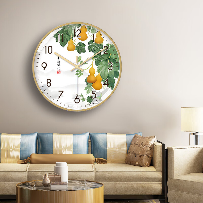 Tazxin现代轻奢五福临门家用挂钟客厅新中式高档石英钟表挂墙静音时钟 TWFLM-金框金针 25cm 10寸