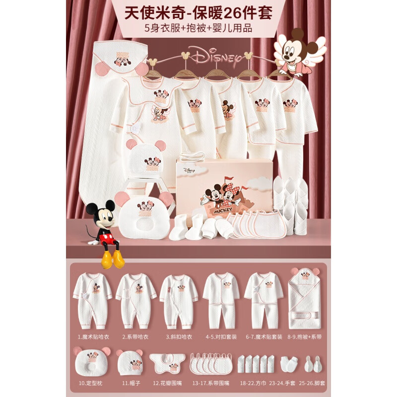 迪士尼（Disney）新生兒禮盒嬰兒衣服初生見面禮物小寶寶滿月送月子禮送產(chǎn)婦 米奇保暖款粉26件 73cm (適合6-12個月寶寶)