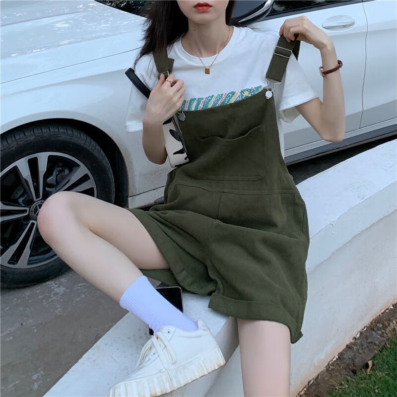 HUALIN FASHION牛仔背帶短褲女新款顯瘦寬松連體褲 軍綠色 S