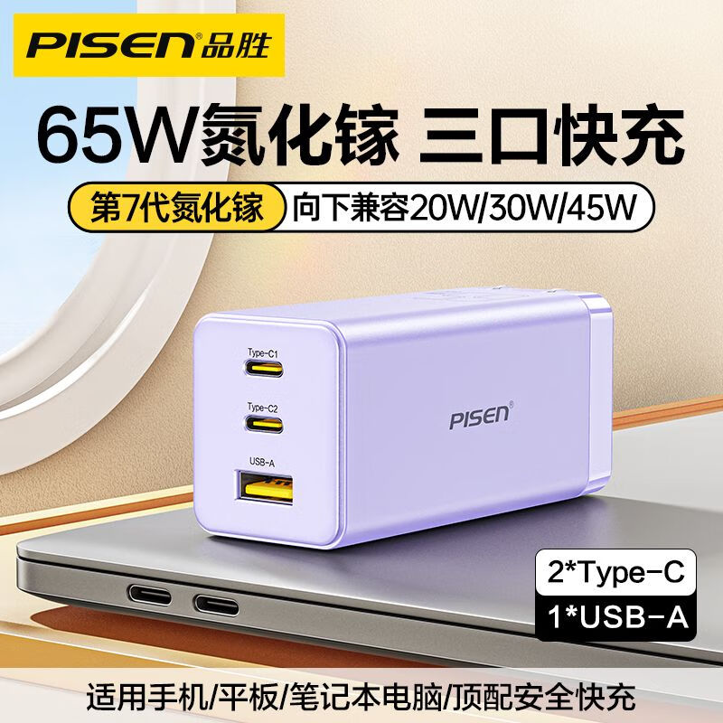品胜（pisen）品胜65W氮化镓多口充电器PD20W快充多功能插头适用 紫65W氮化镓三口折叠充电器