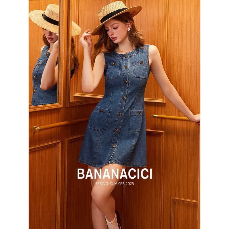 banana cici2025年夏季新款简约水洗牛仔短裙休闲无袖背心连衣裙C252LY568 蓝色 S
