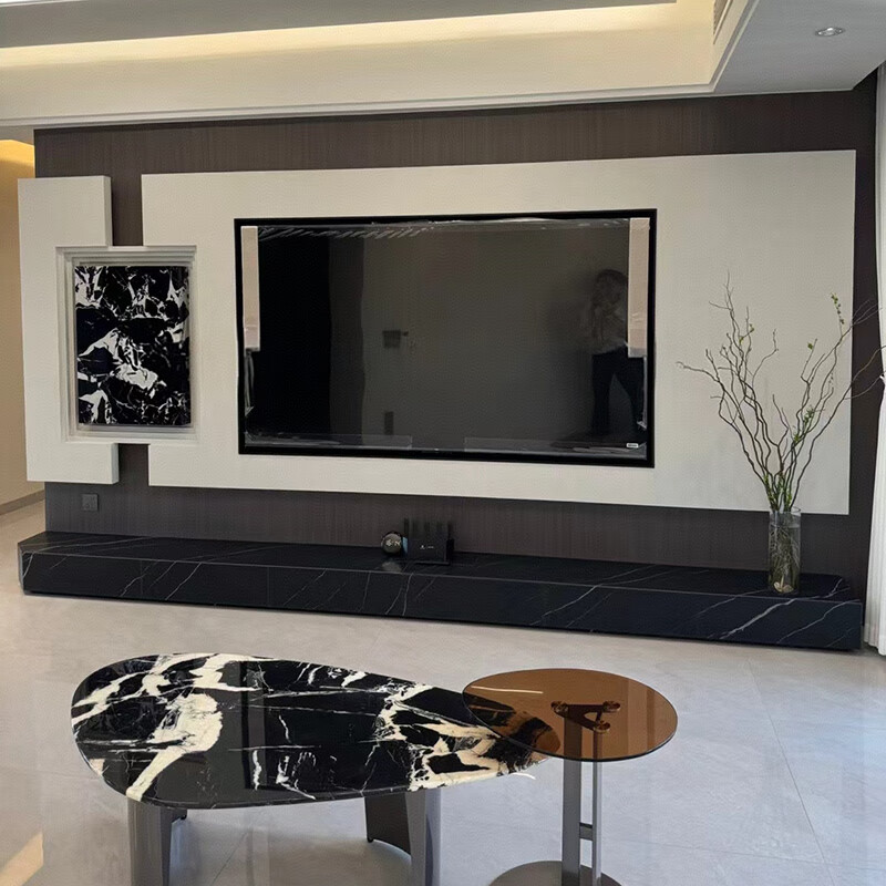 轻奢极简岩板黑白根电视柜斜角异形长条石材地柜储物岩板定制地台 1