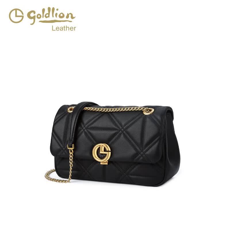金利来（Goldlion）女包2025热款时尚头层牛皮小方包包雅小香风单肩斜挎包 黑色