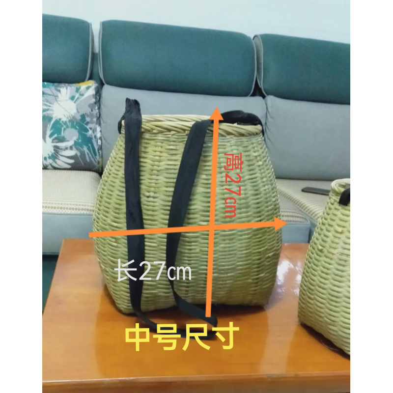 采茶葉的籃子 竹編采茶簍 挎背簍 泥鰍簍 魚簍 撿菌子簍全竹青編 中號(hào)+背帶 裝一芽一葉茶葉約5至6