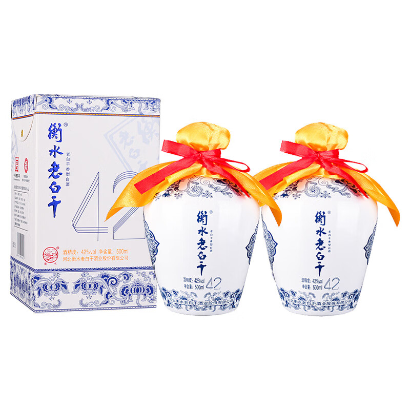 衡水老白干 古法酿造 老白干香型白酒 纯粮固态 婚宴喜酒 商务宴请 礼盒送礼 42度 500mL 2瓶 （青花手酿）送礼袋