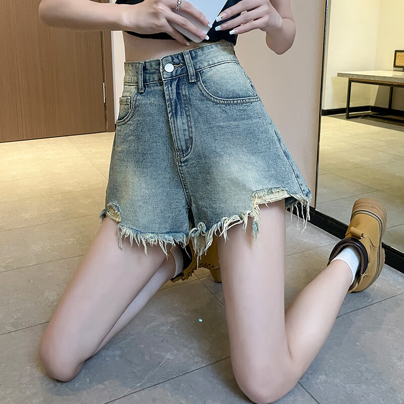 多闵破洞牛仔短裤女2025新款夏薄牛仔短裤女2025新款夏季薄款破洞裤子 浅蓝色 XS