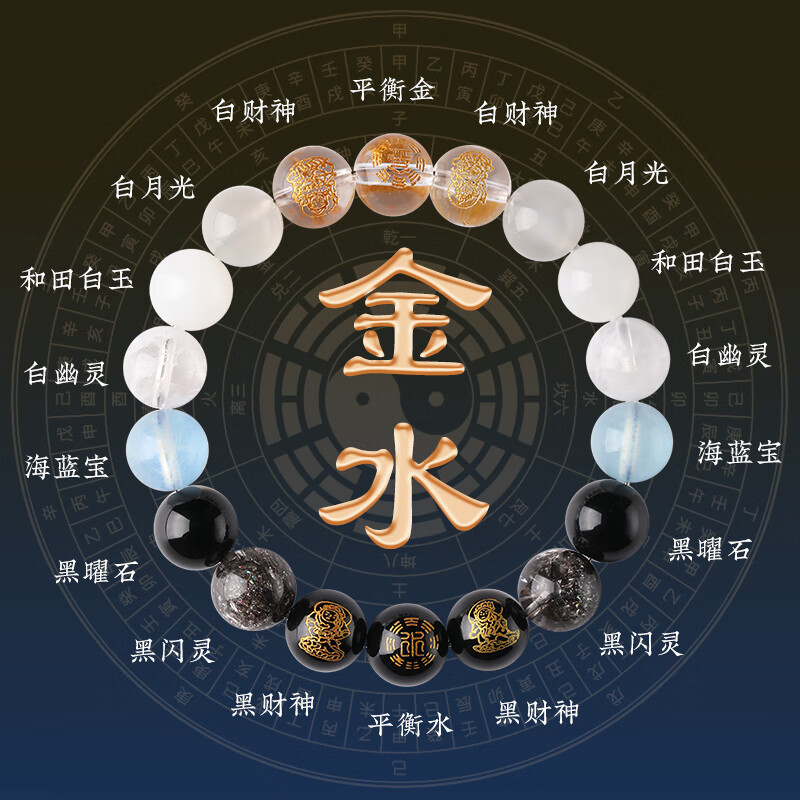 龍虎山文創(chuàng)五行手鏈補(bǔ)缺喜用金水金土水木火土火木手串定制水晶手鏈男女款 金水款【珠徑12mm】五路財(cái)神多寶