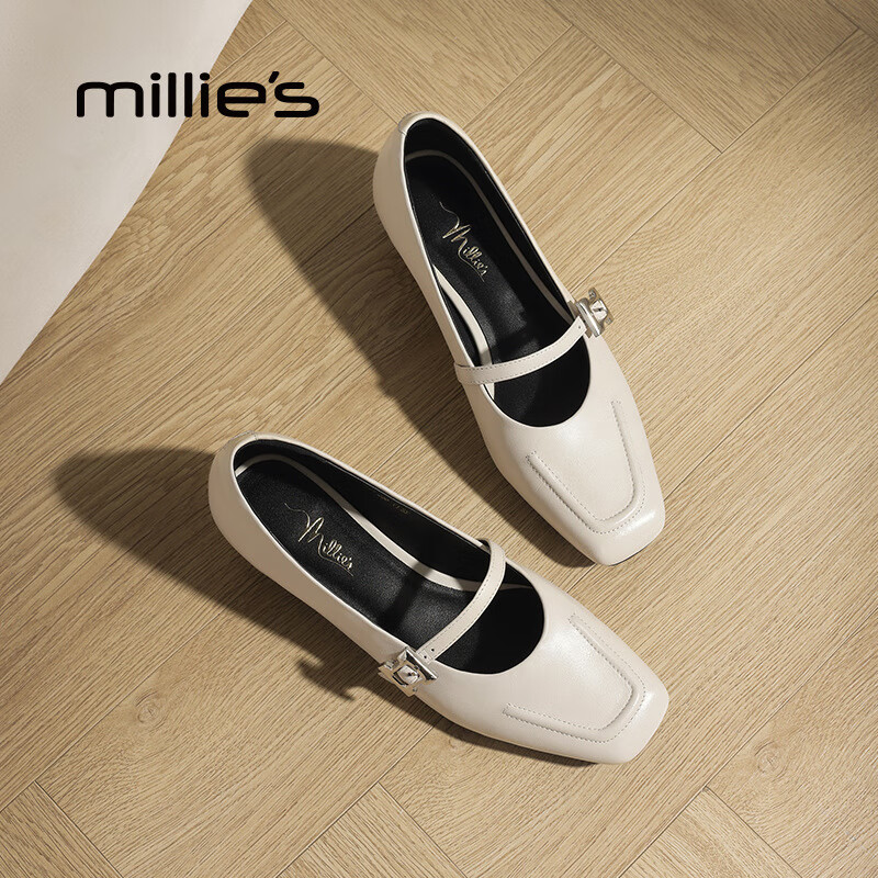 妙丽玛丽珍鞋女低跟真皮浅口时尚百搭2025夏季新款百搭通勤单鞋 米白 37 (235mm) 标准码