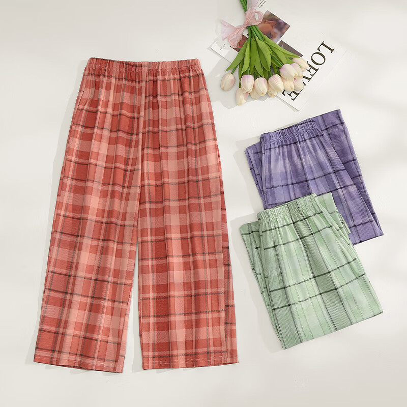 芬腾纯棉睡裤女夏季新款薄款七分裤休闲格子可外穿大码家居裤单裤 香芋紫 XL 建议：125-145斤