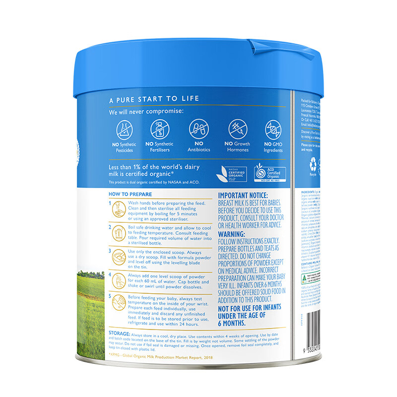 贝拉米（Bellamy's）有机经典2.0全新升级配方奶粉【八大原生HMO】 【全新升级】【6-12月】800g*3罐