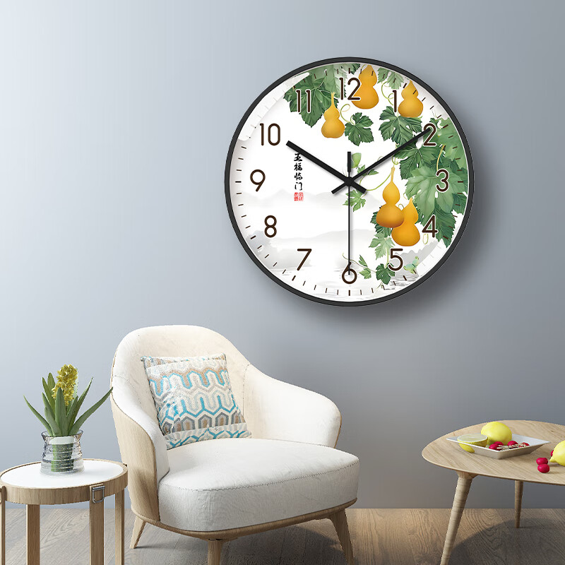 Tazxin现代轻奢五福临门家用挂钟客厅新中式高档石英钟表挂墙静音时钟 TWFLM-金框金针 25cm 10寸