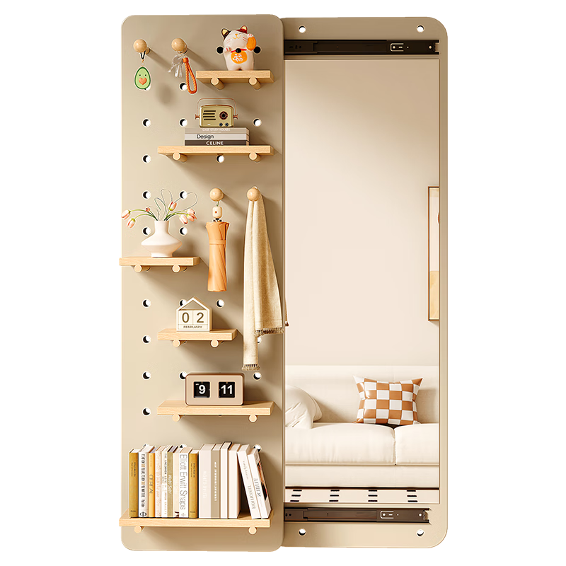 立太(LEADTEK)實木洞洞板置物架墻上一體免安裝家用多層免打孔壁掛式隔板儲物架 【實木】奶咖色120x35