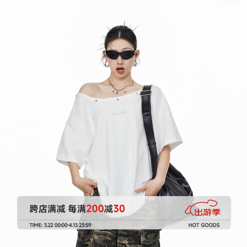 ICH MODE美式復(fù)古漏肩短袖T恤女2025年夏新款寬松設(shè)計(jì)感斜肩上衣男 白色 L