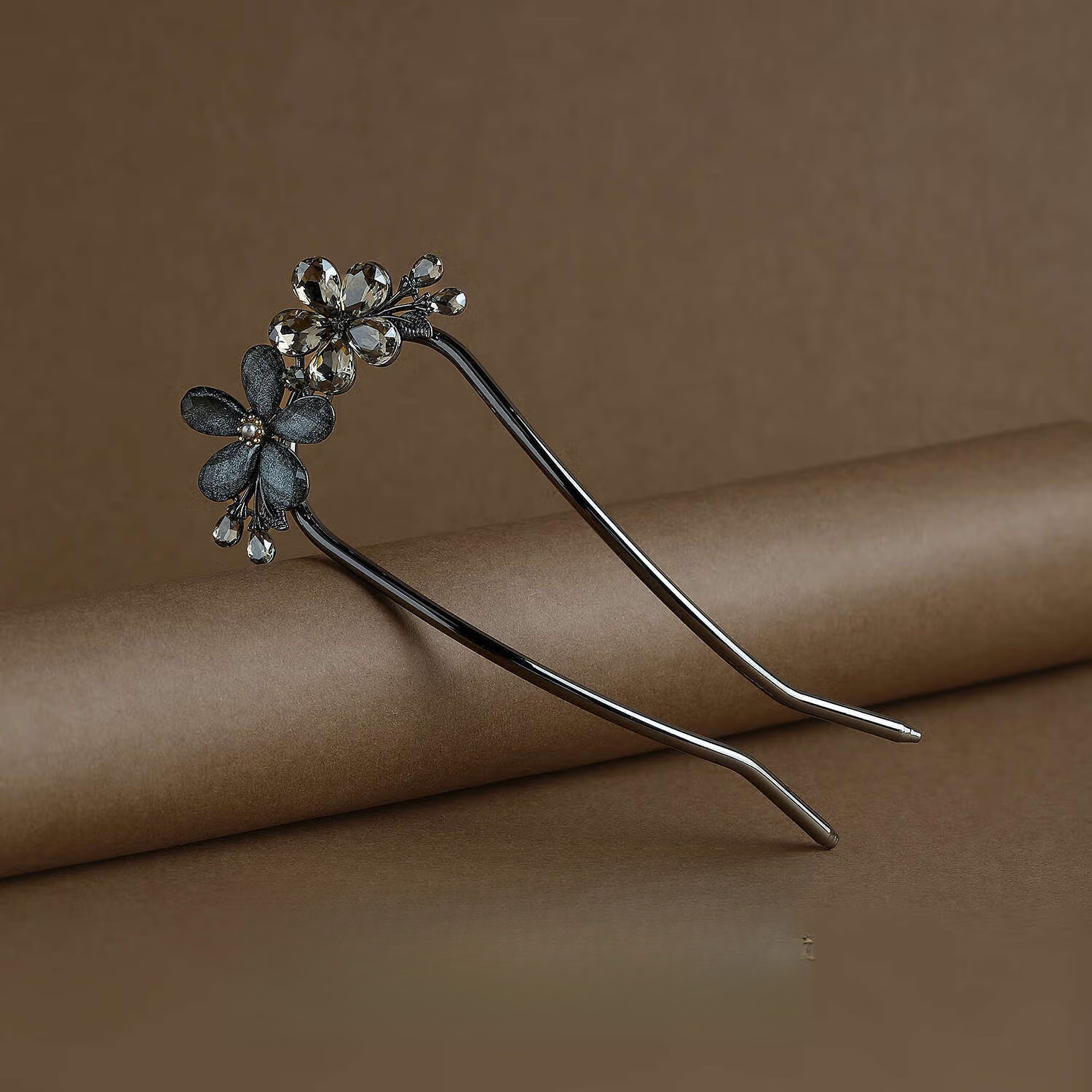 碧允花朵古风u型发簪女感盘发簪子步摇中式发钗旗袍头饰发饰 水晶双花