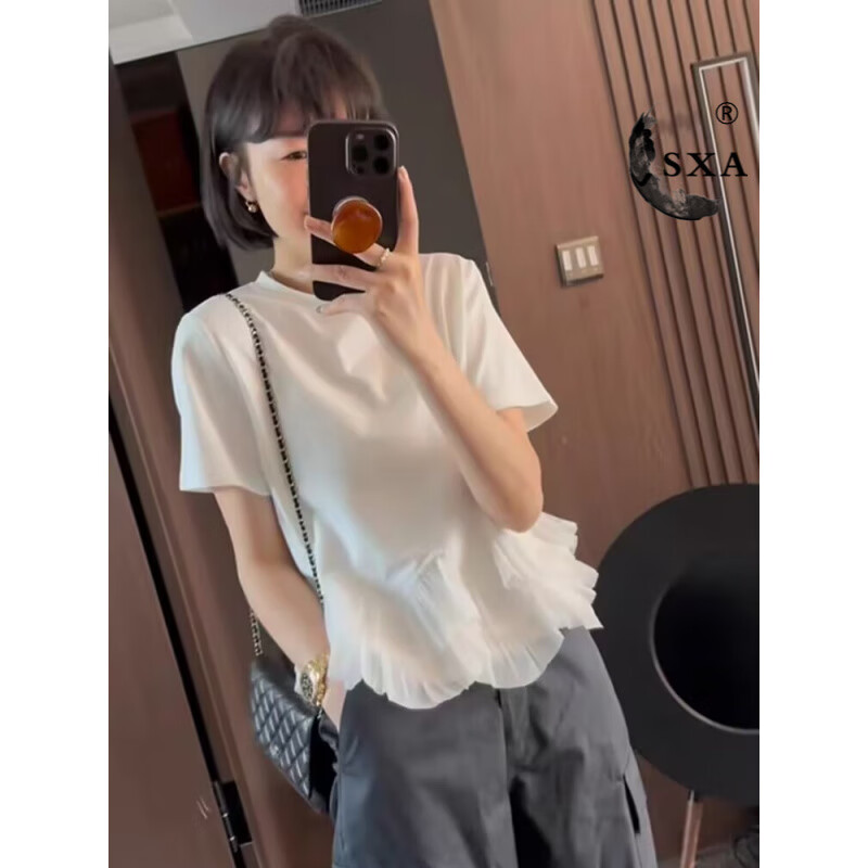 SXA香港潮牌宽松短袖T恤女装拼接荷叶边正肩T恤衫女新款夏洋气减龄 白色 M 85-120