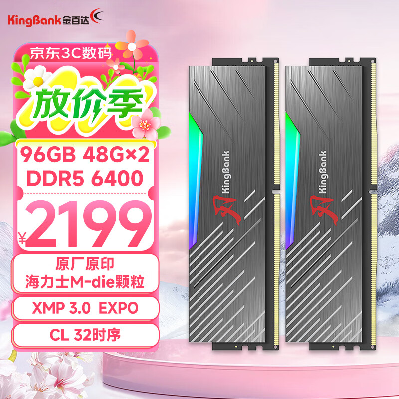 ��ٴKINGBANK��96GB(48GBX2)��װ DDR5 6400 ̨ʽ���ڴ�������ʿԭ��ԭӡM-die���� ����RGB���� C32