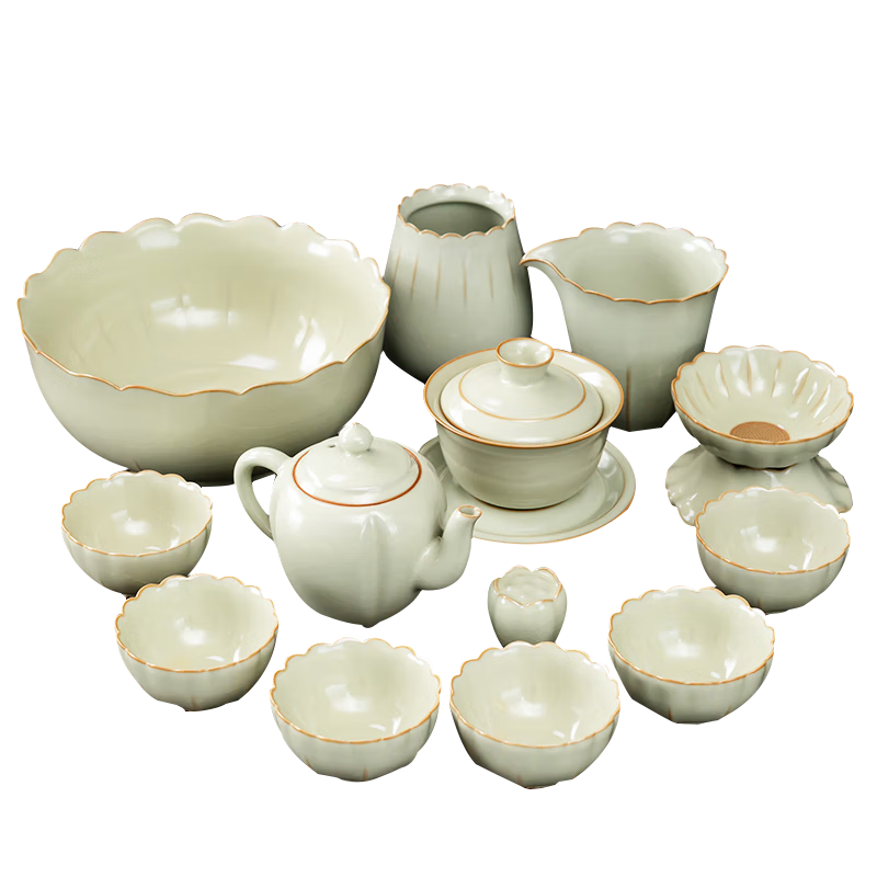 京峰閣 茶具套裝輕奢高檔 家用送禮汝窯陶瓷描金茶壺茶杯蓋碗泡茶器全套 一路相隨壺套裝（豆黃） 14頭