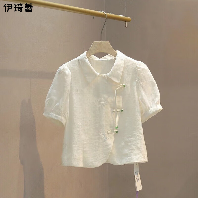 伊琦蕾（YIQILEI）新中式衬衫女短款2025夏季新款短袖国风盘扣上衣小个子遮肉显瘦 杏色 L 105-120斤