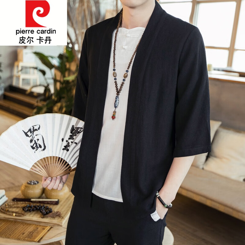 皮爾卡丹（pierre cardin）中國(guó)風(fēng)男裝亞麻襯衫夏季復(fù)古風(fēng)和服開衫道袍七分袖外套薄棉麻襯衣 黑色(1805) 3XL 號(hào)