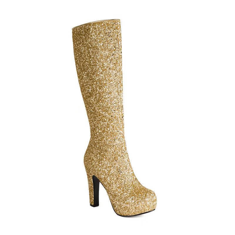 高筒靴格利特金属亮片粗跟超高跟侧拉链不过膝长筒靴表演骑士靴 金色