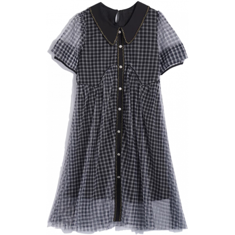 皮爾卡丹（pierre cardin）小香風黑白格子娃娃領雪紡連衣裙女夏2025新款高端精致減齡襯衫裙 黑白格紋 XS 【90斤內(nèi)】