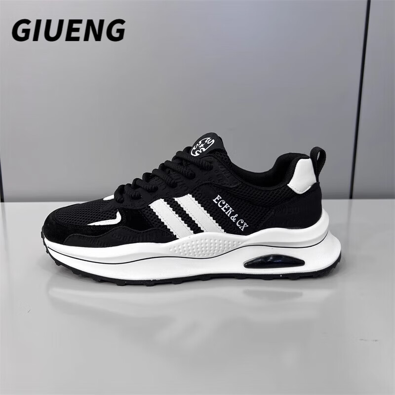 GIUENG品牌輕奢男鞋春夏季新款透氣網(wǎng)面運(yùn)動(dòng)鞋男軟底休閑鞋男輕便鞋子男 黑色【潮牌男鞋】 40