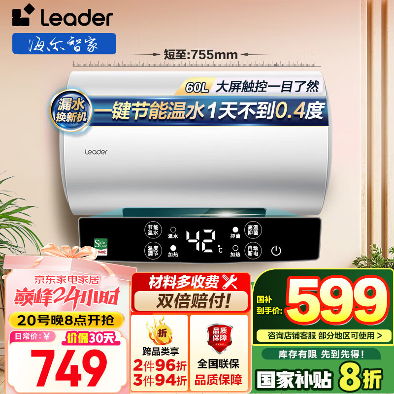 海尔（Haier）【咨询客服领补贴】统帅热水器电热水器储水式一级能效出租房速热家用AI节能恒温小体积安全防电墙 60L 2200W 小户型优选65%用户选择