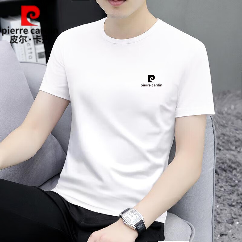 皮尔卡丹100%纯棉短袖t恤男士2025年新款夏季白色圆领新疆棉体恤半袖上衣 ZY201日光白 2XL 145斤~160斤