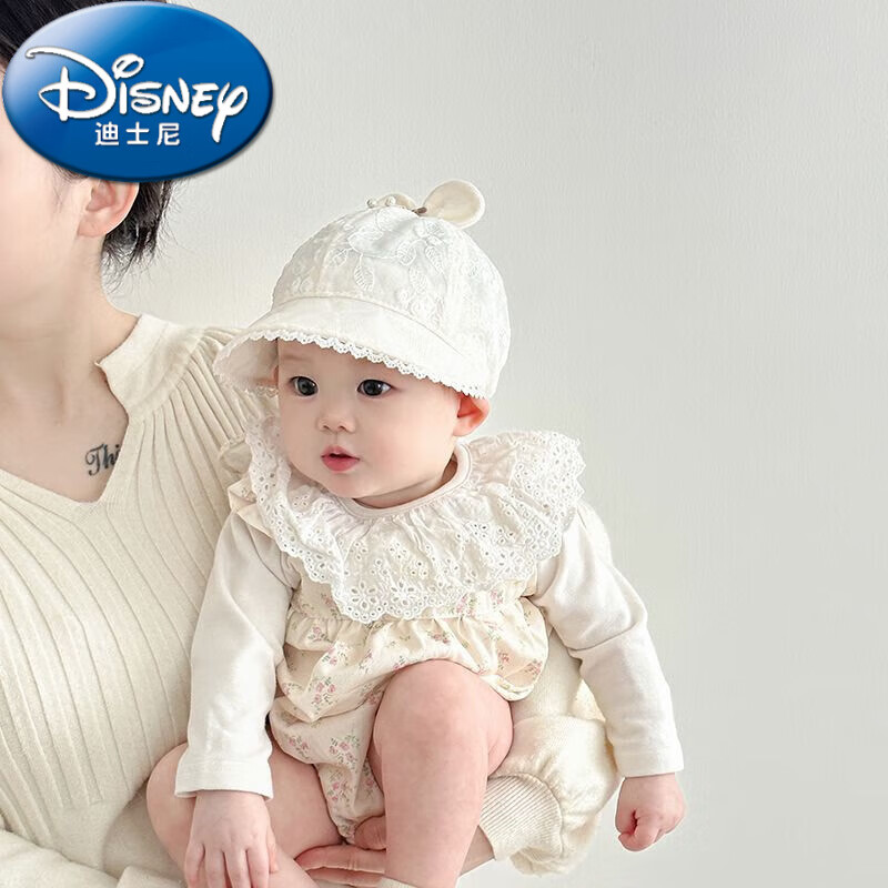 迪士尼（Disney）婴儿帽子春秋薄款可爱小月龄遮阳防晒鸭舌帽女宝宝大帽檐棒球帽夏 米色花印蝴蝶结遮阳帽 帽围44-47cm/参考年龄2-12个月