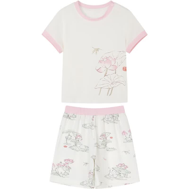 ibaby/英伦宝贝男女童套装夏季童装短袖短裤两件套儿童衣服针织透气 映日荷花 90