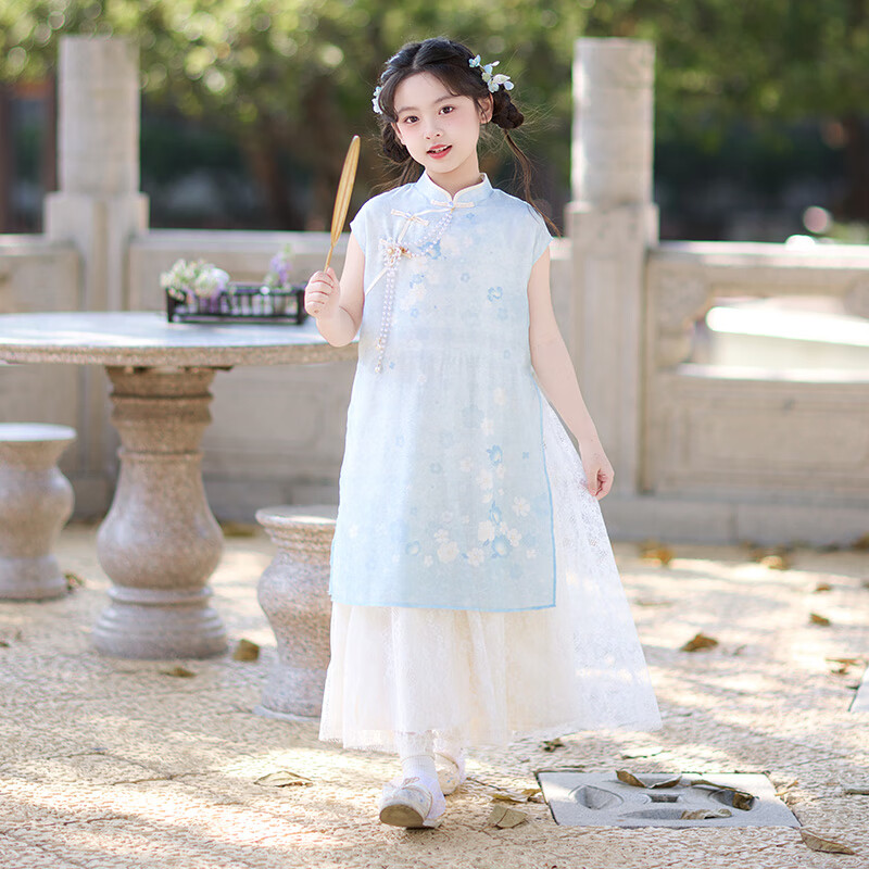 旗鉑漢服女童夏季新款兒童旗袍國風(fēng)連衣裙 月綺羅藍(lán)色不含胸前配飾160