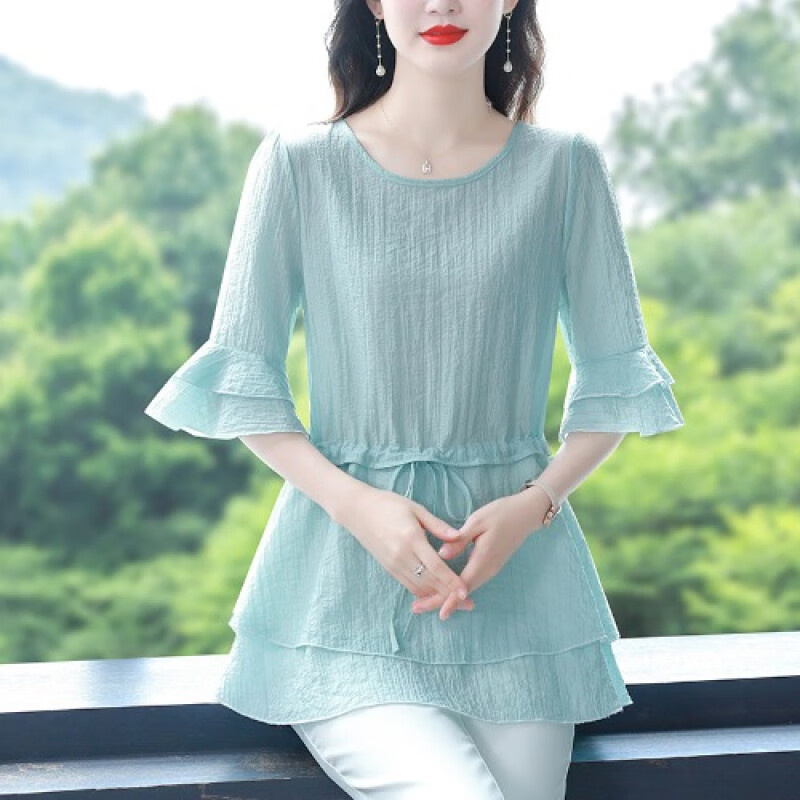 歐黛秀2025女士短袖高檔女時(shí)尚一點(diǎn)小衫收腰裙擺雪紡衫上衣夏季中長(zhǎng)款媽 綠色 M (90-100斤)