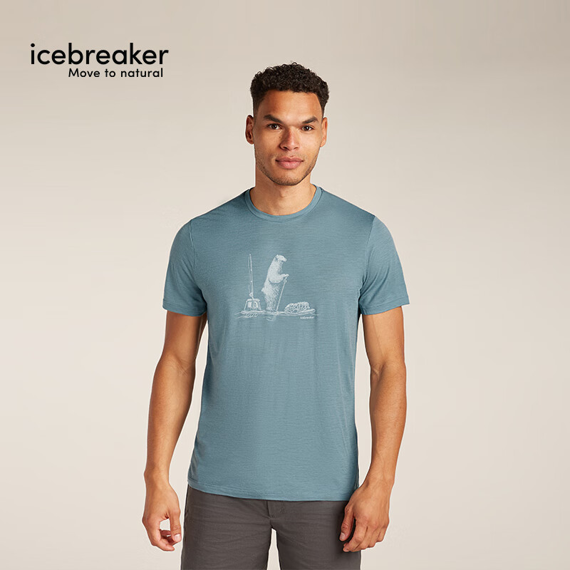 icebreaker美利奴羊毛男150 Tech Lite速干短袖T恤户外徒步登山跑步吸湿排汗 青灰-桨板熊 M