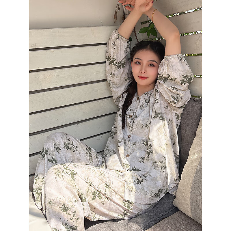 浪莎棉綢睡衣女款大碼七分袖兩件套人造棉夏季綿綢家居服套裝媽媽外穿 2261-寫意【長袖開衫寬松大版】 2XL 125斤內(nèi)
