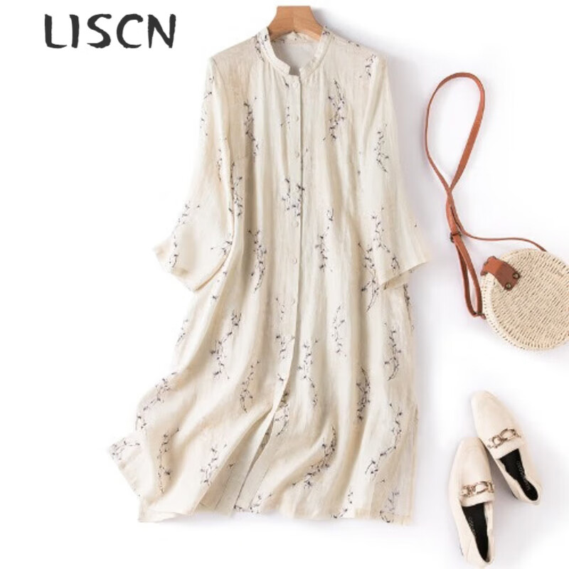 LISCN復古苧麻印花襯衫女中長款夏季亞麻七分袖防曬開衫外搭麻料上衣薄 淺杏色 M 95-115斤
