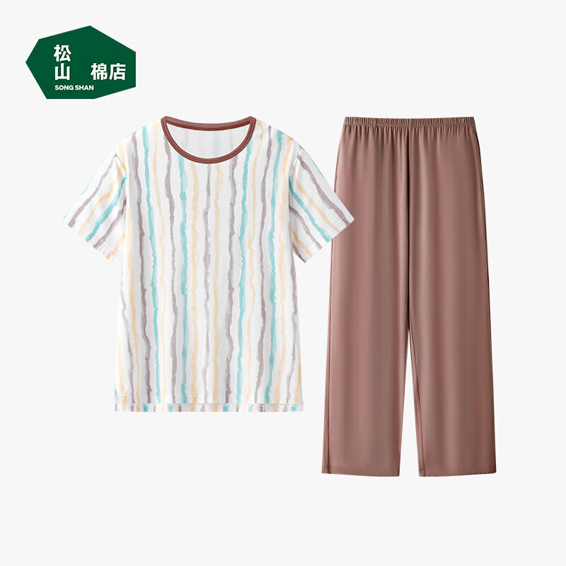 松山棉店女士家居服套裝柔軟透氣夏季涼感短袖長褲居家睡衣淺咖條紋L