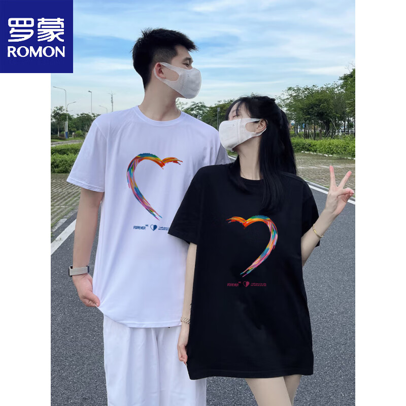 罗蒙（ROMON）情侣装早春2026新款潮牌设计感夏装纯棉宽松情侣套装短袖t恤班服 白色男+白色女 S M =男M+女S