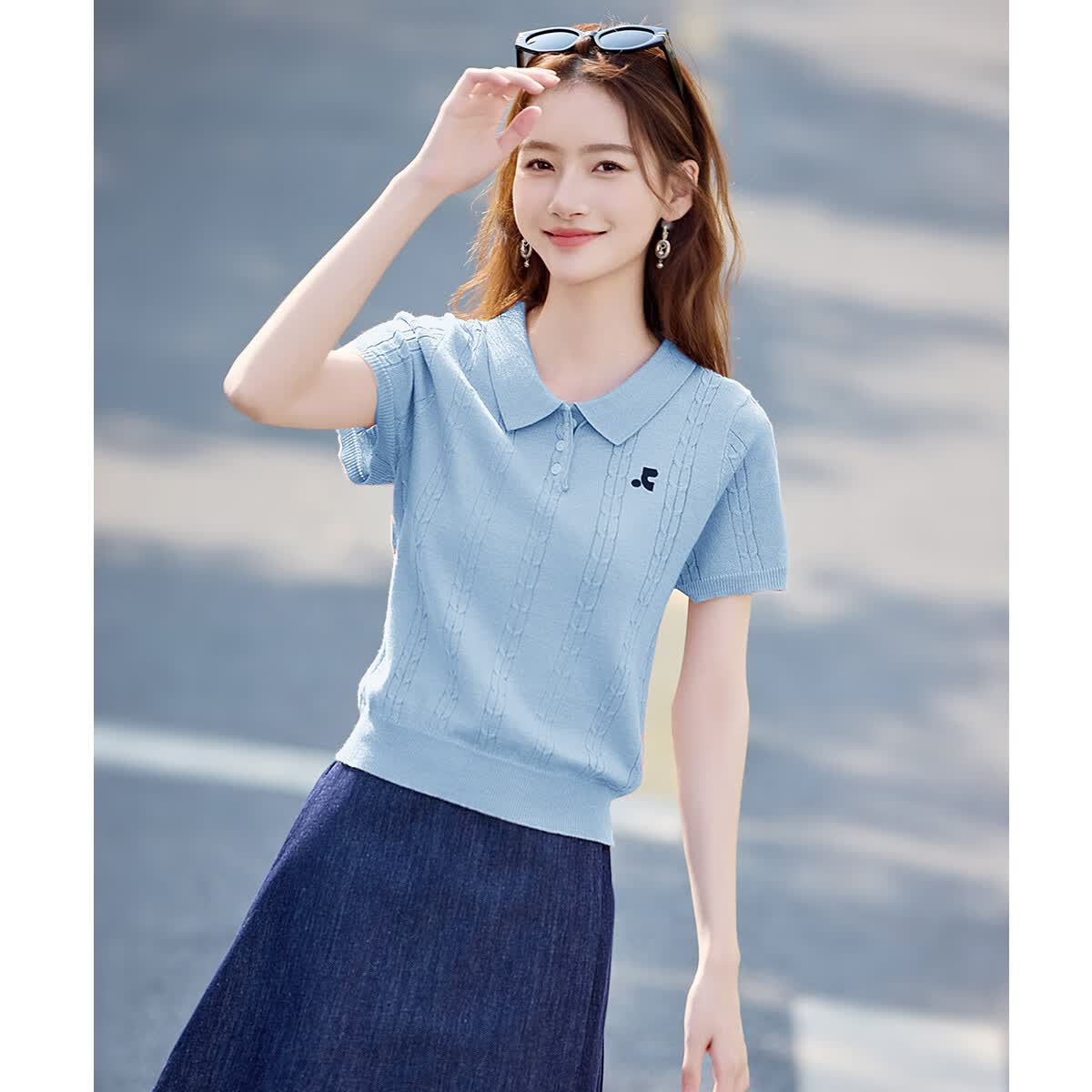尚静短袖针织衫女夏季新款女装温柔甜美POLO领小个子减龄体恤上衣女