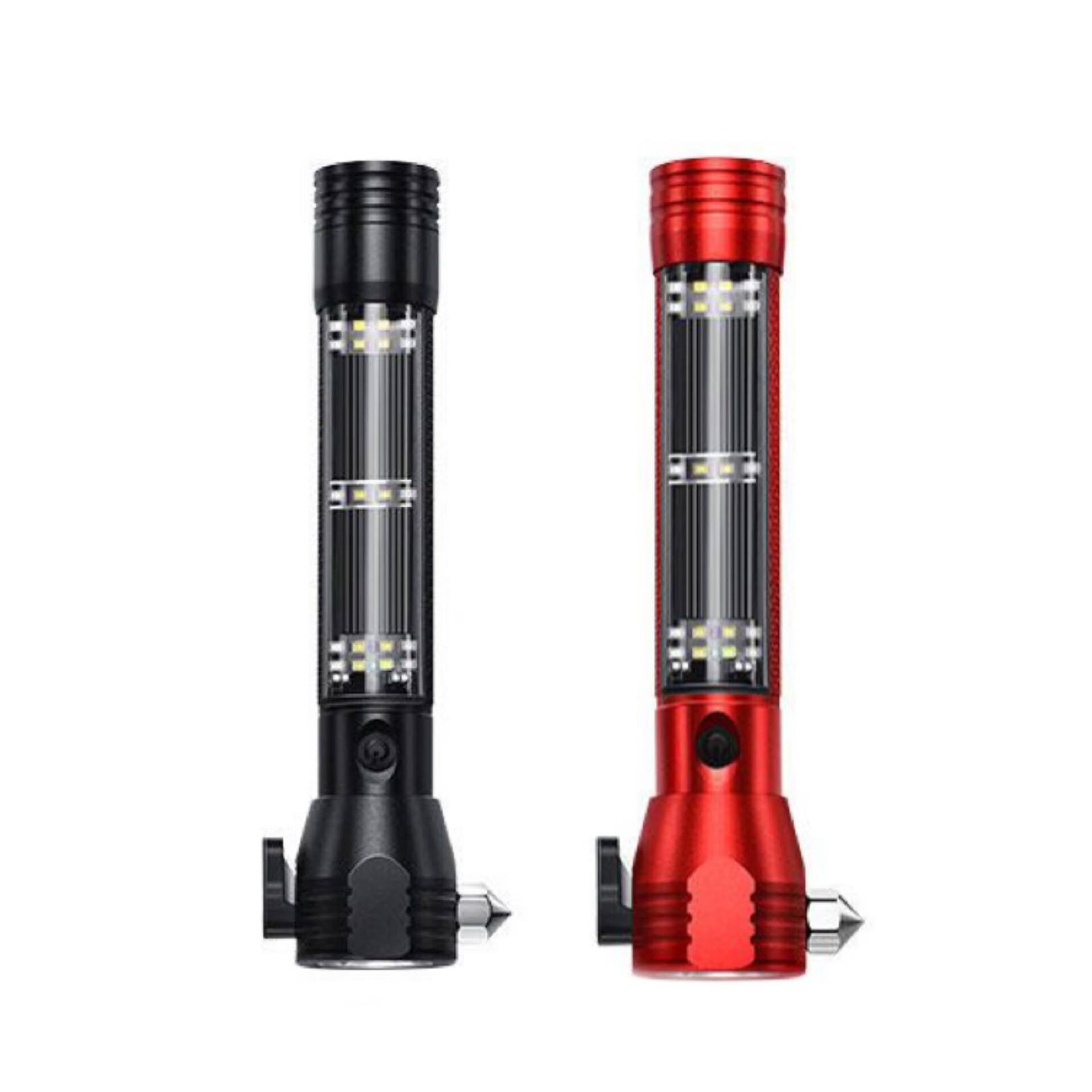 户外太阳能消防安全锤强光多功能急可充电防爆报警红蓝爆闪手电筒 红色款【多功能手电筒+带破窗】