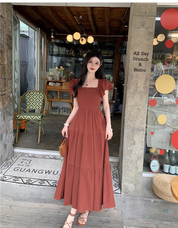 栩欧特大码胸大小个子连衣裙大码飞袖连衣裙女夏季收腰显瘦赫本风长裙 砖红色 L 码 （建议100-12b