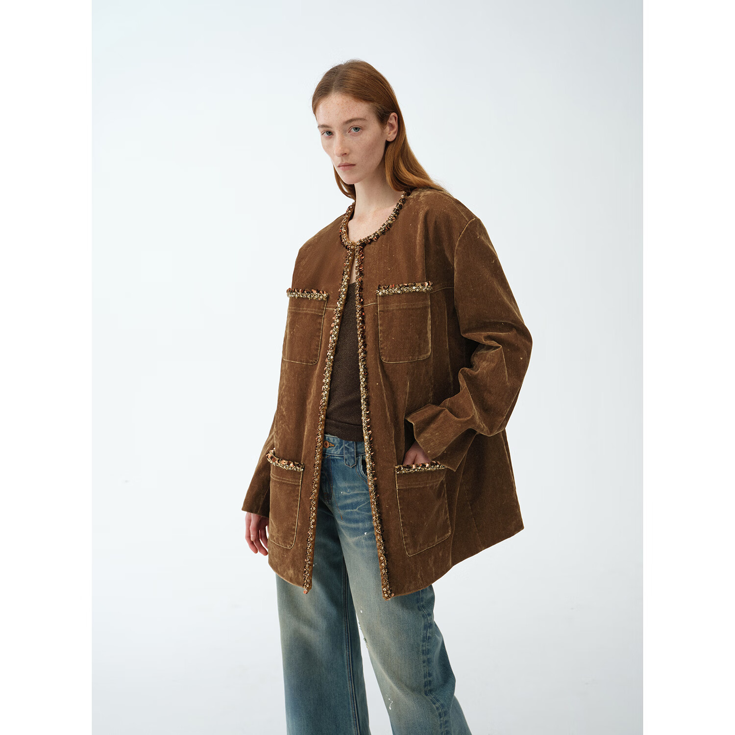 付智恩 香风邂逅 复古做旧植绒牛仔珠片小香风西装外套女春季2025年新款 阳金棕 M