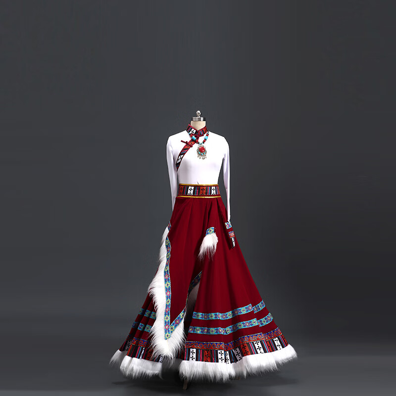 勤度藏族服裝女演出服舞蹈服演出服半身練習(xí)大擺藏式舞蹈比賽練舞服 白色上衣+酒紅色子+ 2XL