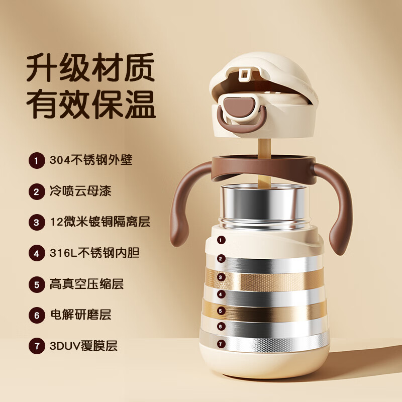 NEVS宝宝316不锈钢吸管婴幼儿童保温水杯壶学饮儿童外出家用 奶格米 280ml （重力球款）