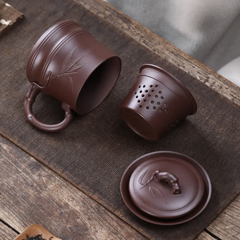 紫来顺宜兴原矿紫泥竹节四件套紫砂杯带内胆茶水分离杯办公泡茶杯新年礼 竹节四件套