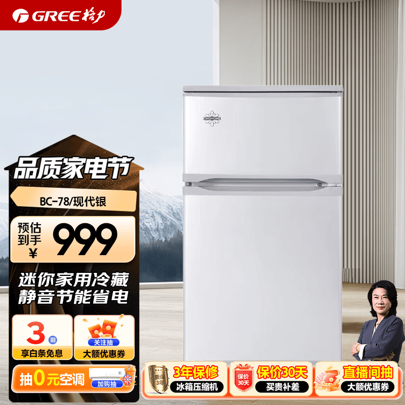 格力（GREE）晶弘冰箱 两门双门小型迷你 家用家电冷藏冷冻 办公室78升 静音节能省电冰箱BC-78/现代银 BC-78/现代银