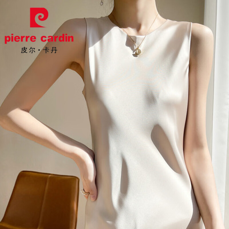 皮爾卡丹（pierre cardin）三醋酸緞面真絲吊帶連衣裙女夏季桑蠶絲圓領長裙子A字裙高腰無袖 米色 3XL