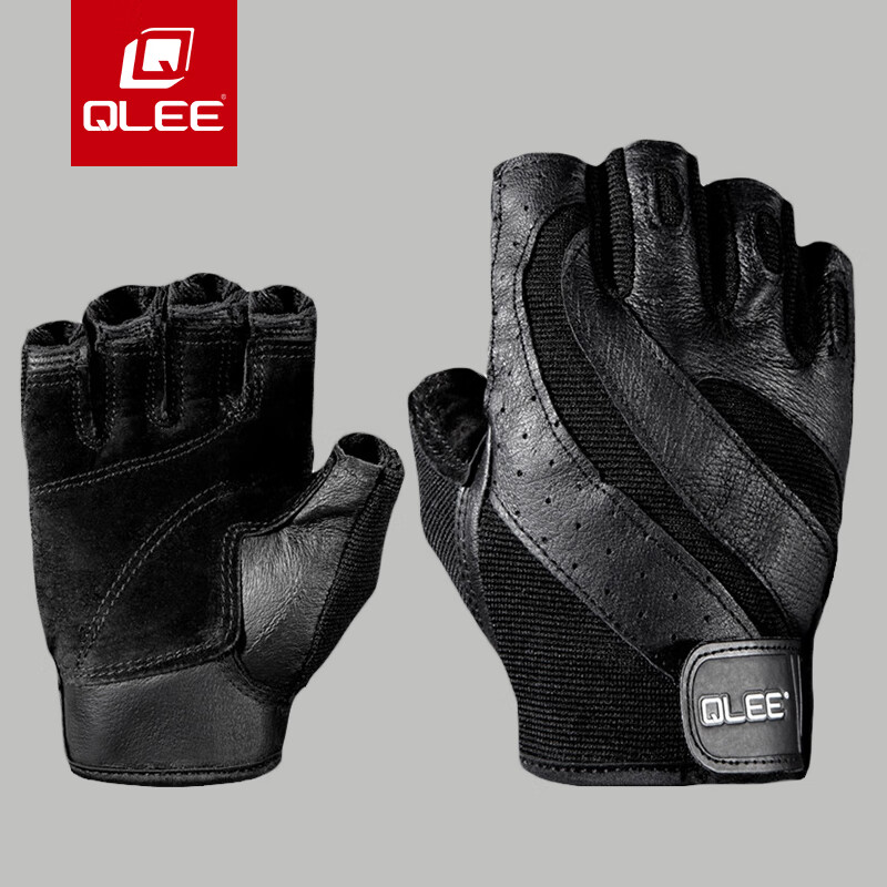 QLEE运动健身半指手套男女器械训练哑铃护掌耐磨防滑透气手套 黑色 S手围17.5-19厘米