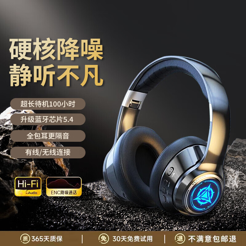 小米狼头戴式蓝牙耳机2025年最新款蓝牙真无线电竞游戏PC电脑降噪带麦克风二合一长续航 银河黑+酷炫灯光 支持TF卡+音频线